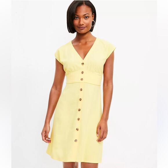 LOFT YELLOW BUTTON FLARE MINI DRESS V NECK BUTTON DOWN SIZE 8 - Picture 1 of 12